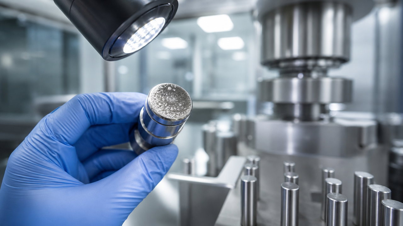 Inspection of a tablet punch face for sticking residue in a cleanroom setting