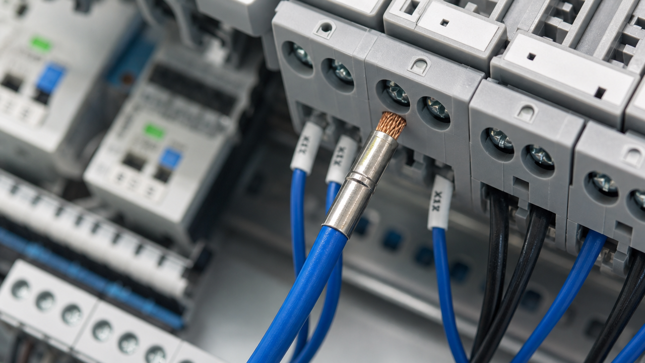 Stranded wire termination with ferrule in industrial control panel for ampacity reliability Stranded wire termination with ferrule in industrial control panel for ampacity reliability