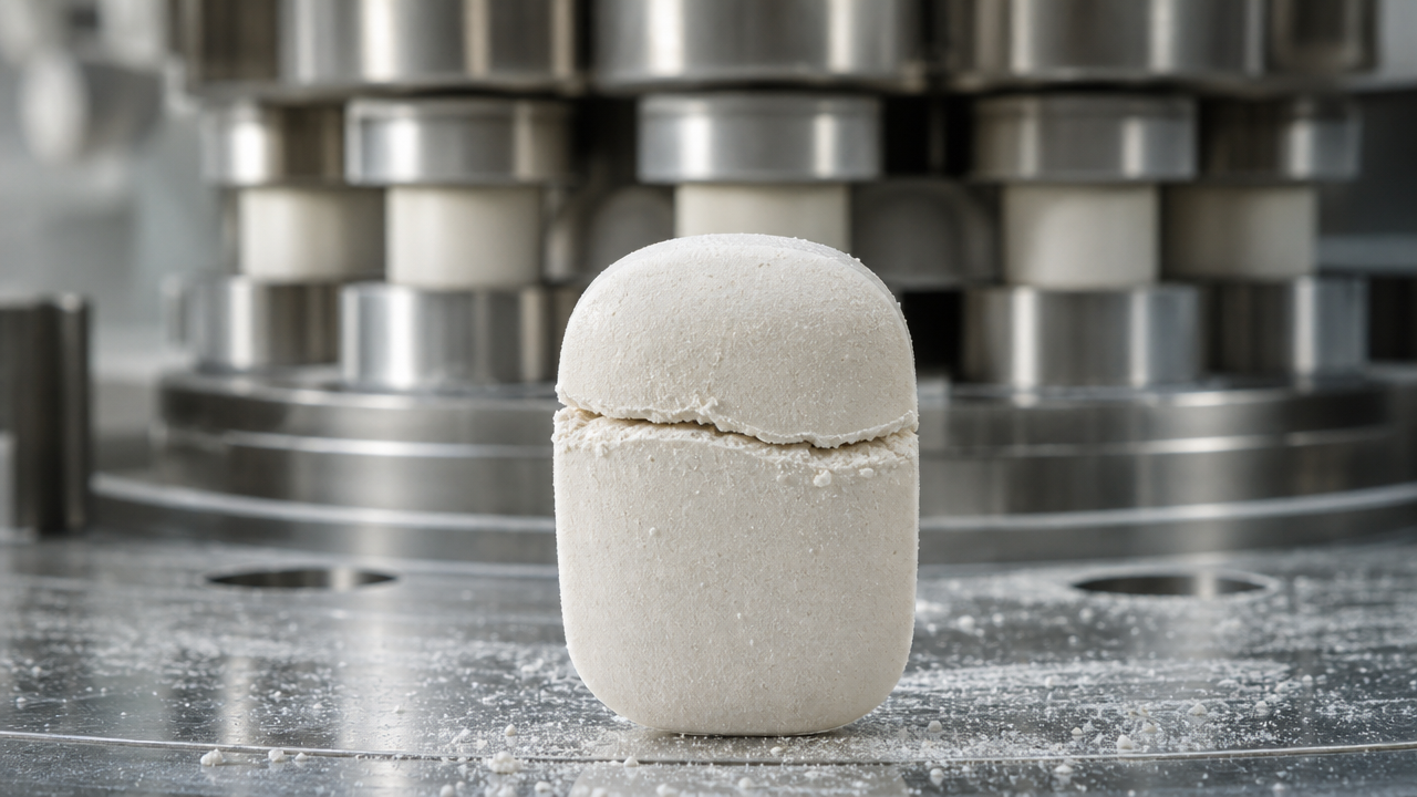 Close-up of a capping defect on a tablet during manufacturing inspection