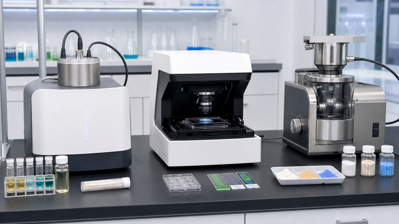 Benchtop NMR, microscope, and granulator demonstrating different sample preparation technologies