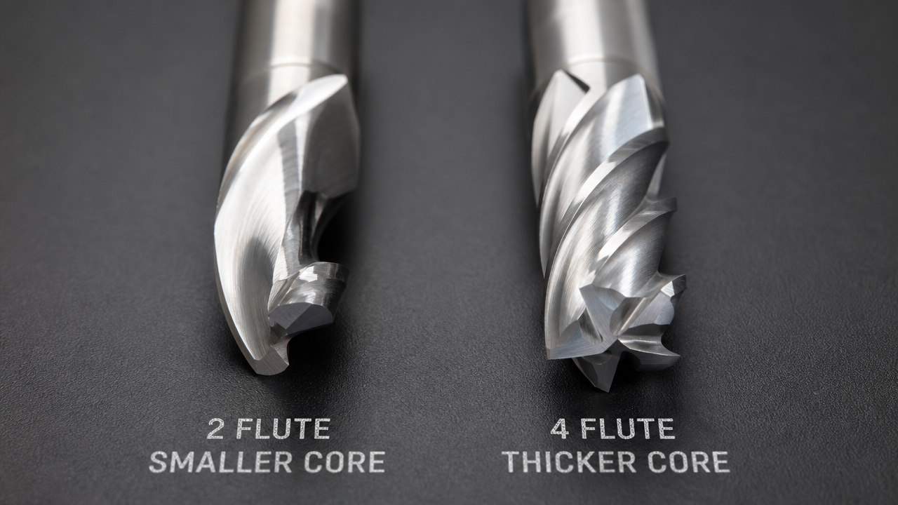 Side-by-side comparison of a 2-flute and 4-flute carbide end mill highlighting flute valley and core diameter differences Side-by-side comparison of a 2-flute and 4-flute carbide end mill highlighting flute valley and core diameter differences