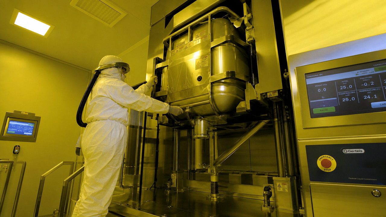 Technician connecting an IBC to a high-containment mixer for high potent API blending