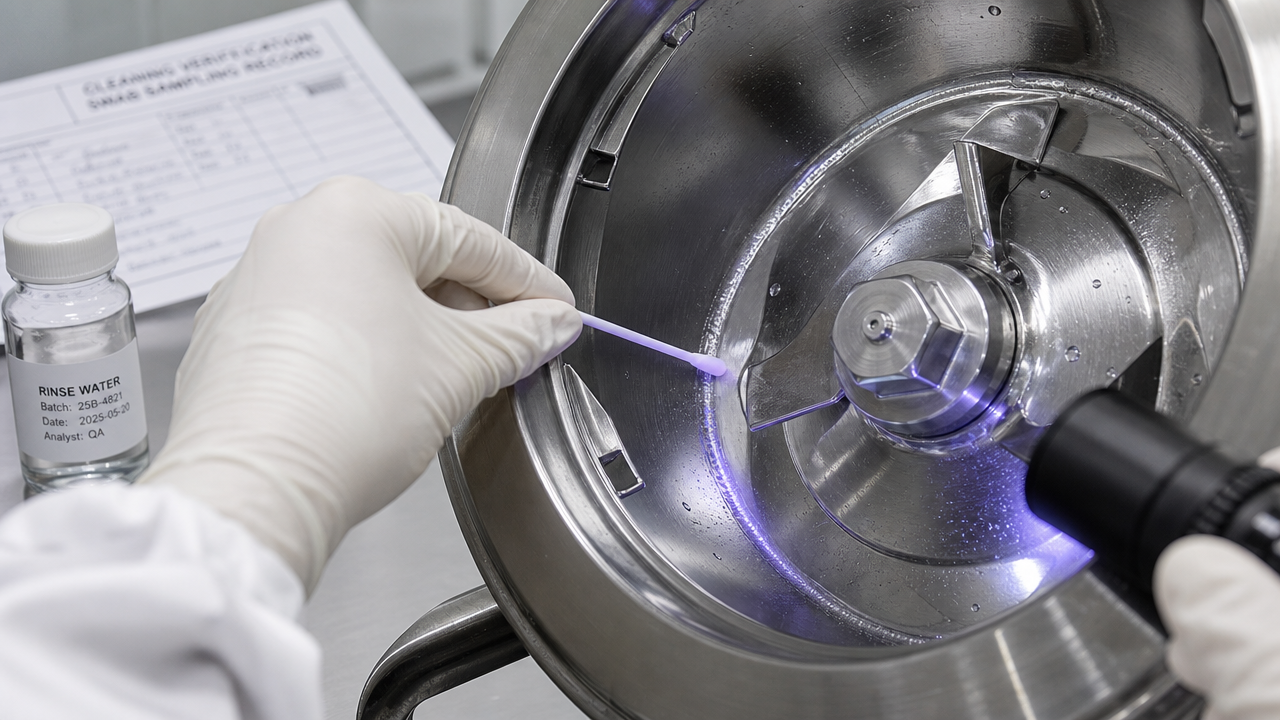 Technician swabbing a granulator surface for cleaning validation residual testing