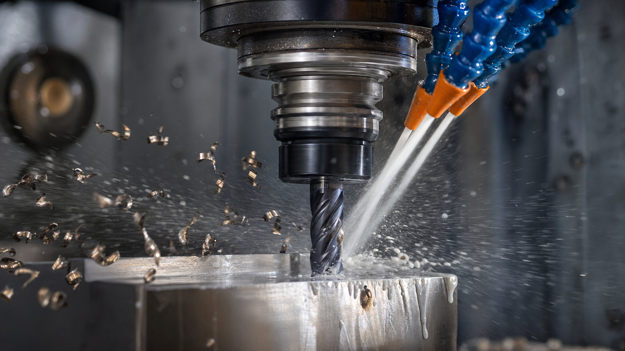 4-flute coated end mill machining stainless steel with high-pressure coolant and controlled chip formation 4-flute coated end mill machining stainless steel with high-pressure coolant and controlled chip formation